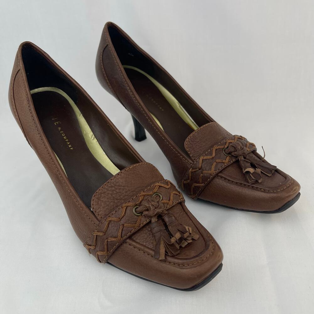 Nine & Company Women Brown Leather Tassel Loafer Pumps Block Heel Shoes 8.5